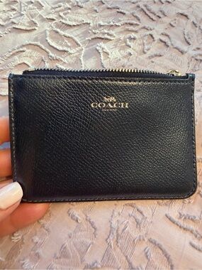 Coach Black Leather Zip Card Case with Gold Logo/Change Purse